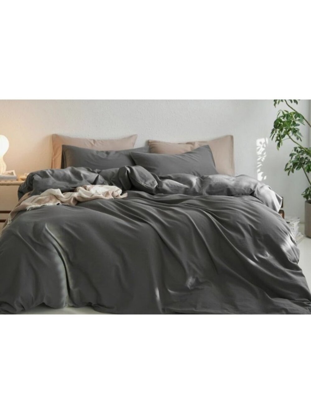 Full Duvet Cover 2 Pillowcases Set Soft Wave Stitching Dark Gray Luxury Bedding
